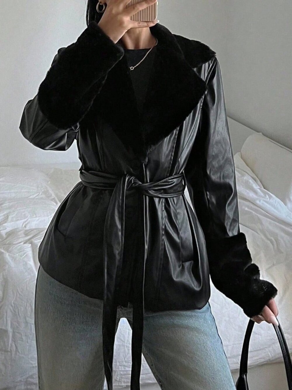 Black contemporary Women's Long Sleeve belted faux leather fur trim Jacket